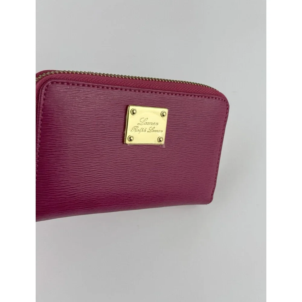 Lauren Ralph Lauren Pink Leather Wristlet Zip Around Wallet With Gold Hardware